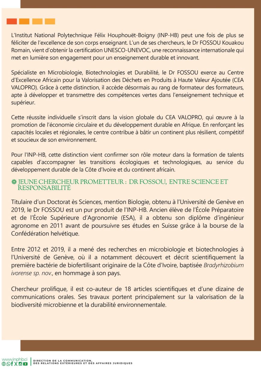 DECOUVREZ LE PORTRAIT DU DOCTEUR FOSSOU KOUAKOU ROMAIN  DISTINGUE PAR UNE CERTIFICATION UNESCO-UNEVOC