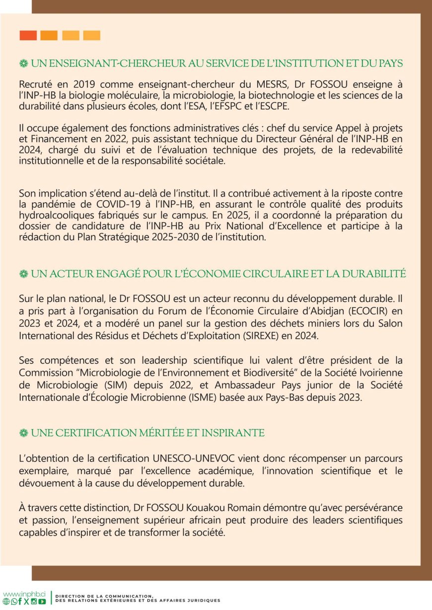 DECOUVREZ LE PORTRAIT DU DOCTEUR FOSSOU KOUAKOU ROMAIN  DISTINGUE PAR UNE CERTIFICATION UNESCO-UNEVOC